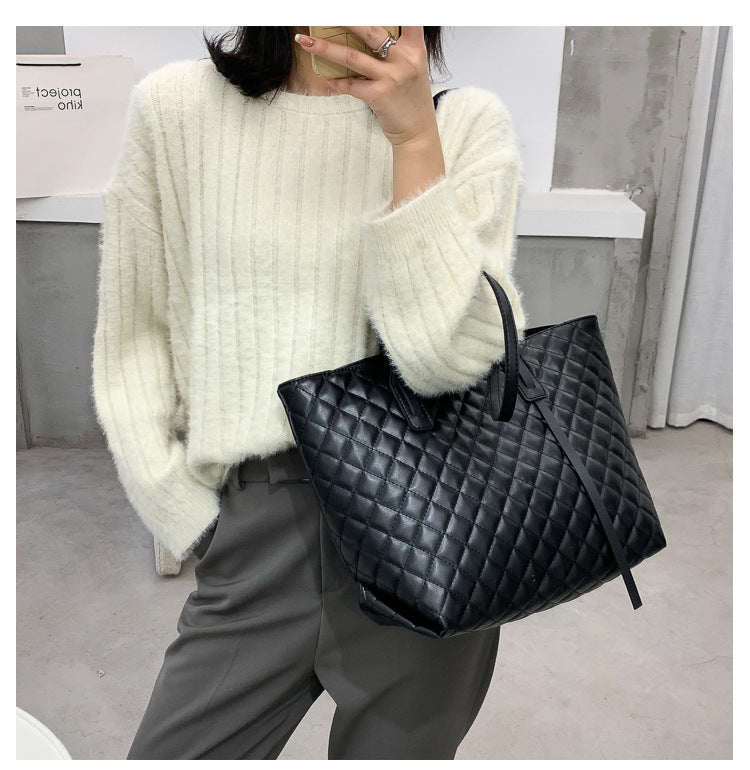 Rhombus Quilted Shoulder Tote Bag